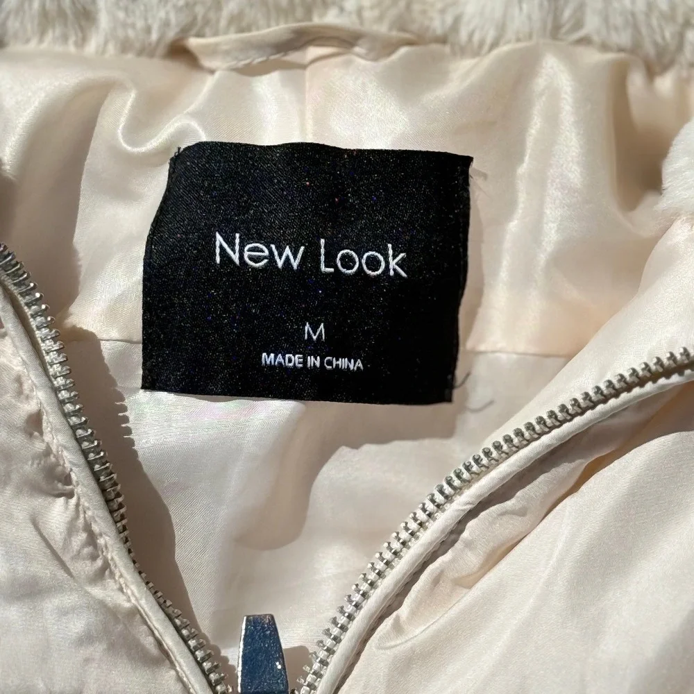 New Look Womens Cream Bomber Jacket Faux Fur Lined‎ Hood Full Zip Size Medium
